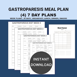 May include: A meal plan for gastroparesis, featuring (4) 7-day plans. The document includes weekly plans for 30 days, with sections for breakfast, lunch, dinner, and snacks. The image also includes a weekly meal planner and an "Instant Download" graphic.