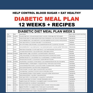 Piano alimentare per diabetici in PDF / 12 settimane di ricette semplici e salutari e idee di pasti stampabili per 7 giorni per la gestione del diabete