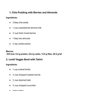 Puede incluir: Una receta escrita a mano para pud&iacute;n de ch&iacute;a con bayas y almendras y un bol de verduras con lentejas y tahini. La receta enumera los ingredientes y las macros para cada plato.