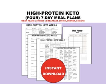 High Protein Meal Plan PDF, 28-Day Recipes Planner, Simple Low Carb Grocery Shopping Lists