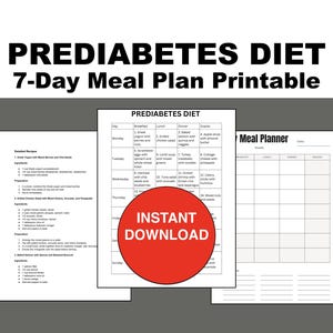 Piano alimentare di 7 giorni per la dieta prediabetica PDF stampabile / Elenco di alimenti a basso contenuto di zucchero, dieta equilibrata ricca di fibre, piano alimentare per la gestione della glicemia e del peso