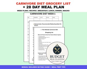 Carnivore Diet Grocery List & 28-Day Meal Plan: Recipes, Beginners Guide (Digital Download)
