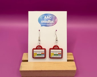 Pendientes con dispositivo de comunicación AAC: acrílico rojo y plata de ley, regalo perfecto para terapeuta o profesor de SLP