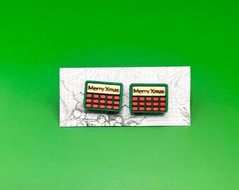 Pendientes navideños de acero inoxidable con dispositivo de comunicación CAA (Acción Alternativa para Adultos) "Feliz Navidad" para profesores, logopedas y terapeutas del habla y el lenguaje.