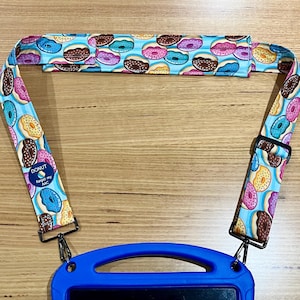 Donut print wide adjustable carry strap for AAC communication system, padded shoulder, safety breakaway, metal clips, DONUT forget my AAC