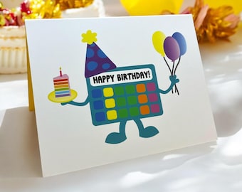 Tarjeta de felicitación de feliz cumpleaños para dispositivo CAA con dispositivo colorido, pastel y globos, perfecta para celebraciones de terapeutas del habla y el lenguaje, maestros y usuarios de CAA.