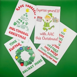 Set van 4 gevouwen kerstkaarten, multimodale communicatie, toegang via schakelaar, zelfexpressie ELF-cadeau voor leraar, SLP-therapeut