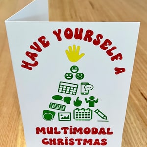 Multimodale gevouwen kerstkaarten OC, boom met verschillende vormen van communicatie, perfect voor logopedist, leraar, OC-gebruiker