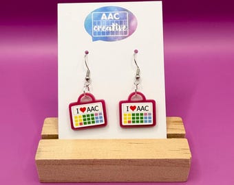 Pendientes con dispositivo de comunicación CAA: acrílico rosa intenso y plata de ley. "Me encanta la CAA", regalo perfecto para terapeutas del habla y el lenguaje o profesores.