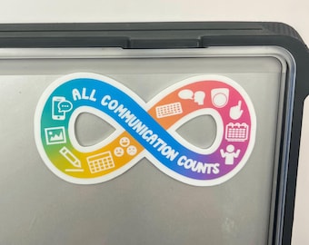 Pegatina de neurodiversidad con arcoíris infinito "Toda comunicación cuenta", regalo perfecto para logopedas, profesores y usuarios de CAA.