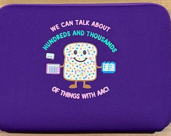 Funda de neopreno con diseño de pan de hadas de AAC para tablet de hasta 11,6” con la frase “Podemos hablar de cientos y miles de cosas con AAC” y estuche de transporte suave con cremallera.