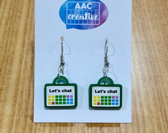 Pendientes con dispositivo de comunicación CAA: Acrílico verde y plata de ley, «Hablemos», regalo perfecto para logopedas o profesores.