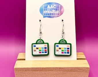 Pendientes acrílicos con dispositivo de comunicación CAA y ganchos de plata de ley 925 para concientizar sobre CAA o como regalo para terapeutas, logopedas, profesores y familias CAA.