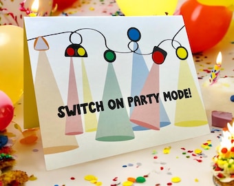 Tarjeta de felicitación con modo fiesta con diseño de luz de discoteca y varios interruptores, perfecta para celebraciones de terapeutas de SLP, maestros y usuarios de CAA.