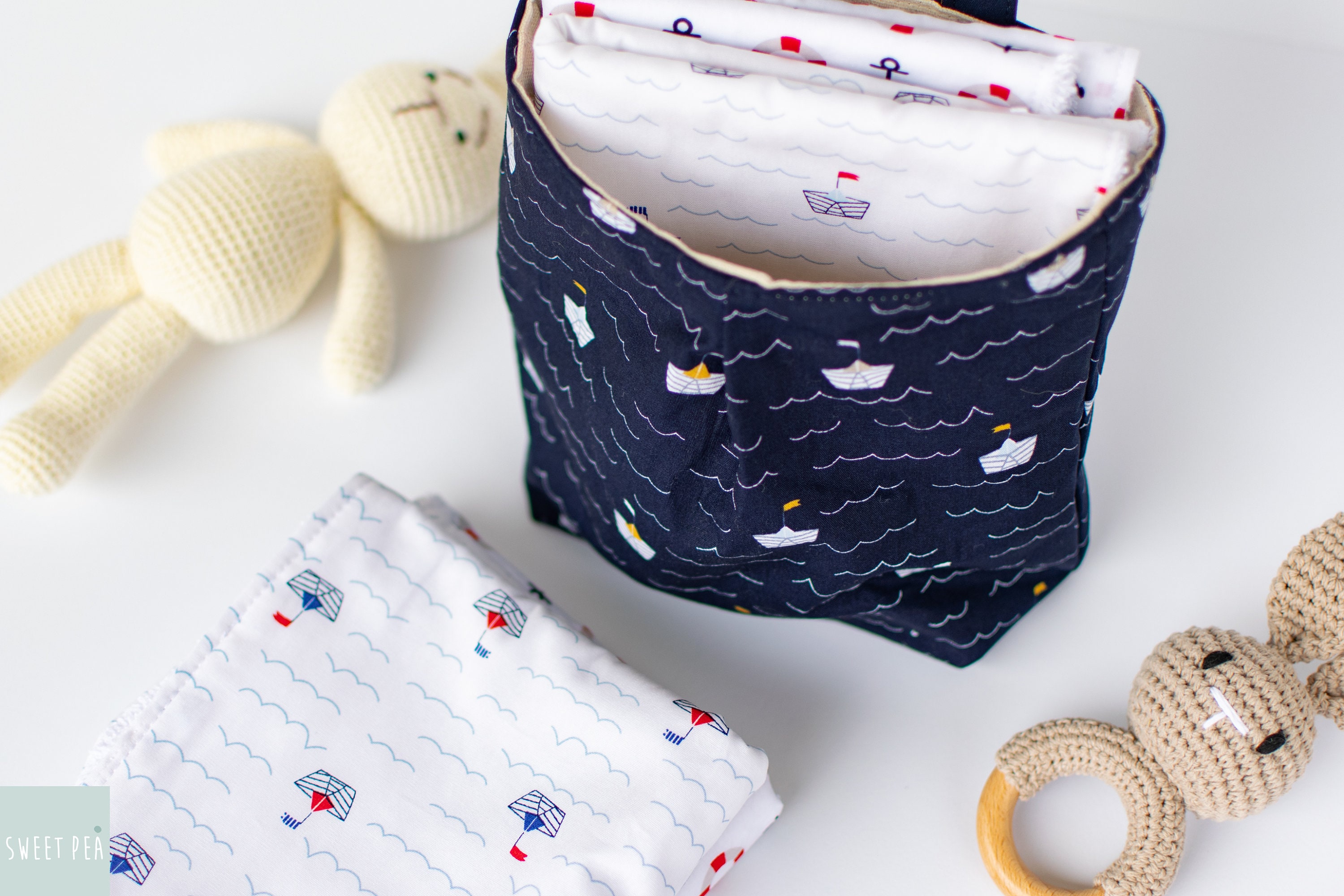 UTENSILO FABRIC BASKET & 4 Burp Cloths, Boats and Anchors Baby Boy Gift