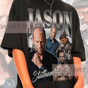 May include: Black t-shirt with a graphic print of Jason Statham's face and the text "Jason Statham".