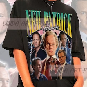 May include: Black t-shirt with a graphic print of Neil Patrick Harris from the show "How I Met Your Mother". The graphic features a collage of different characters from the show.