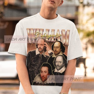 May include: White t-shirt with a vintage-style graphic of William Shakespeare. The graphic features four portraits of Shakespeare in different poses, surrounded by lightning bolts and the text "William Shakespeare".