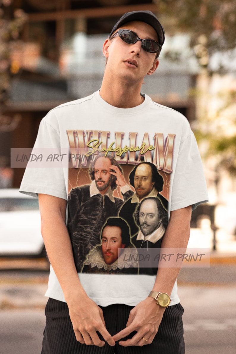 May include: White t-shirt with a vintage-style graphic of William Shakespeare. The graphic features four portraits of Shakespeare in different poses, surrounded by lightning bolts and the text "William Shakespeare".
