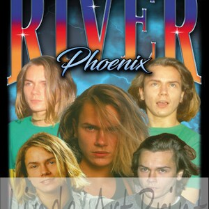 May include: A vintage-style graphic print featuring the band River Phoenix. The print features a blue, orange, and red gradient background with the band's name in bold white letters. The band members are pictured in black and white, with their hair styled in a 90s grunge aesthetic.