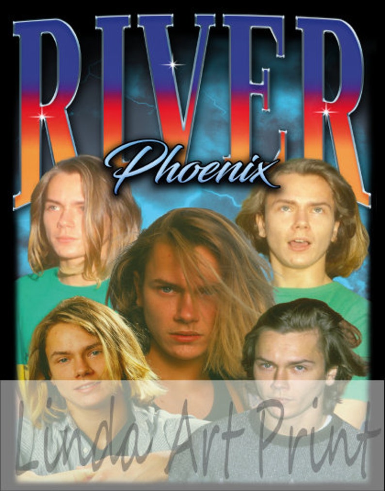 May include: A vintage-style graphic print featuring the band River Phoenix. The print features a blue, orange, and red gradient background with the band's name in bold white letters. The band members are pictured in black and white, with their hair styled in a 90s grunge aesthetic.