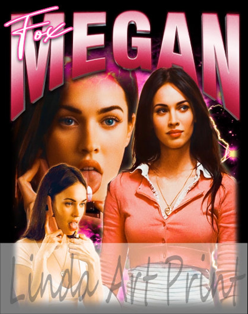 Peut inclure: Un design graphique rose et blanc avec le texte "Fox Megan" et un collage d'images de Megan Fox. Le design est sur un fond noir avec un motif de galaxie.