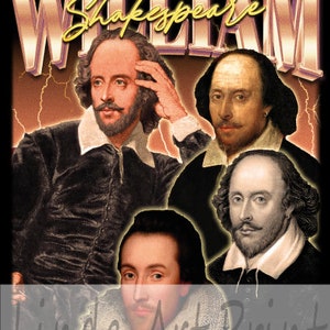 May include: A vintage-style graphic print featuring four portraits of William Shakespeare. The portraits are in different styles and are surrounded by a gold and purple border with the text "William Shakespeare" in a bold, stylized font.