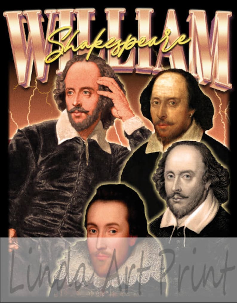 May include: A vintage-style graphic print featuring four portraits of William Shakespeare. The portraits are in different styles and are surrounded by a gold and purple border with the text "William Shakespeare" in a bold, stylized font.