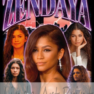 Op de afbeelding: Een collage van afbeeldingen van Zendaya in verschillende poses en outfits. De afbeeldingen zijn in een rasterpatroon gerangschikt en omgeven door een paarse en roze neon gloed. De tekst "ZENDAYA" staat in grote, vetgedrukte letters bovenaan de afbeelding. De tekst "Linda Art Print" staat in kleinere letters onderaan de afbeelding.