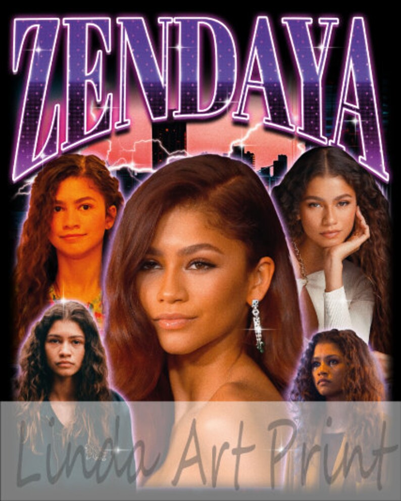 Op de afbeelding: Een collage van afbeeldingen van Zendaya in verschillende poses en outfits. De afbeeldingen zijn in een rasterpatroon gerangschikt en omgeven door een paarse en roze neon gloed. De tekst "ZENDAYA" staat in grote, vetgedrukte letters bovenaan de afbeelding. De tekst "Linda Art Print" staat in kleinere letters onderaan de afbeelding.