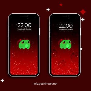 May include: Two phone screens with a red background and a green cartoon frog with horns and a tail. The time is 22:00 and the date is Tuesday, 31 October. The text "info.yoshinoart.net" is at the bottom of the image.
