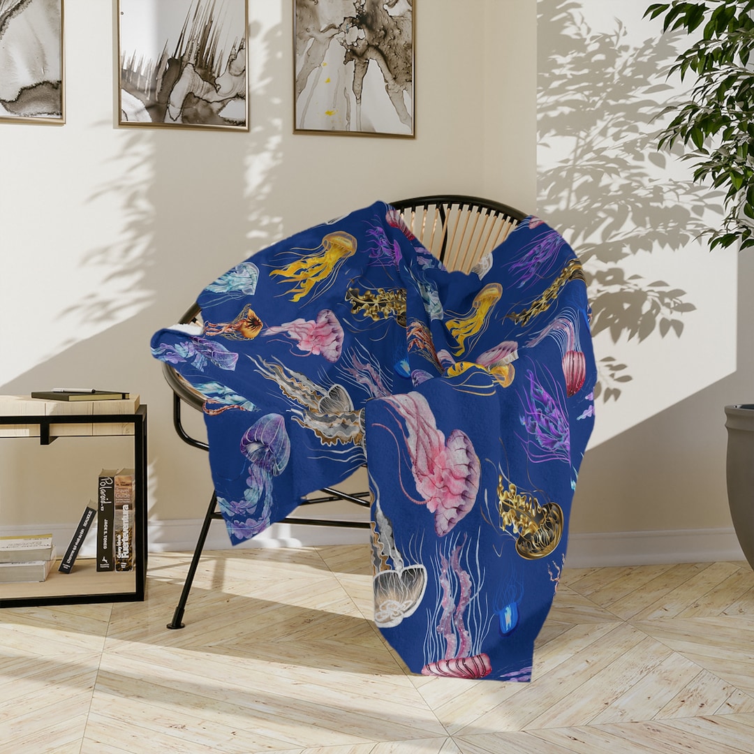 Jellyfish Minky Blanket Throw, Ocean Graphic Blanket, Jelly Fish Throw
