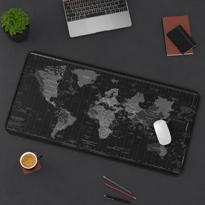 Black World Map Desk Mat / Anime Mouse Pad / Regalo para jugadores / Regalo para él / Political World Map Desk Pad