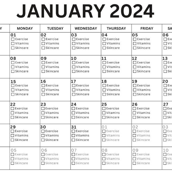 Minimalist Self Care Calendar - Exercise, Vitamins, SkinCare