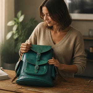 May include: A teal leather backpack featuring a fold-over flap with two vertical straps, silver-toned metal buckles, and a central front pocket. The bag has side pockets and a structured base, showcasing a smooth, matte finish and visible stitching.