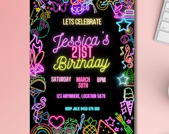 Neon Glow Invitation Editable Digital template Canva ,instant download, glow party, 21st, celebration, 80's, bright colours, summer vibe