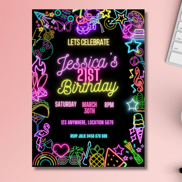 Neon Glow Invitation Editable Digital template Canva ,instant download, glow party, 21st, celebration, 80's, bright colours, summer vibe