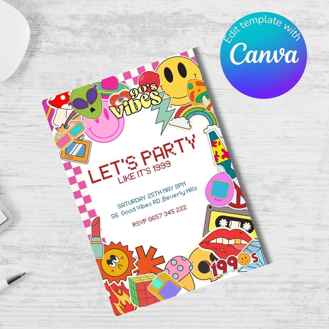 Invitation Editable Digital Template 90 s Party Theme Party