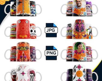 PLANTILLAS para tazas Día de Muertos, Diseños de sublimación, Mug Wrap JPG, PNG, plantilla de taza de 11 oz y 15 oz, descarga digital
