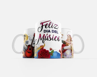 Modelos de canecas para o Dia do Músico, designs de sublimação, embalagem para canecas em JPG, modelo de caneca de 11 oz e 15 oz, download digital.