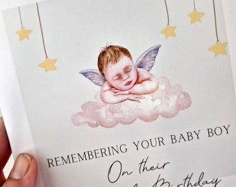 Birthday card for an angel baby boy, happy Heavenly birthday card, remembering your baby boy, baby loss, bereavement
