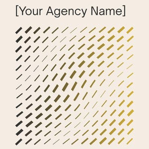 Peut inclure: Document beige avec le texte "[CLIENT COMPANY NAME]" et "[Your Agency Name]" en noir. Le document présente un motif de lignes diagonales noires et dorées. Le texte "[PROPOSAL DATE]" et les coordonnées sont en bas.