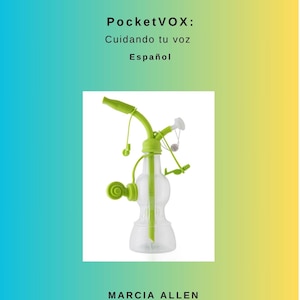 May include: A clear, plastic PocketVOX device with green accents, designed for voice care. The image includes text in Spanish, with the name "MARCIA ALLEN" and copyright information. The background has a gradient of blue and yellow.