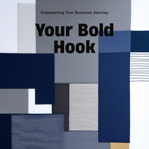 以下が含まれることがあります： 青、グレー、白の色合いの生地見本のコラージュ。「Your Bold Hook」のテキストが目立ち、「Your Brand Name」が上に、「Empowering Your Business Journey」が下に表示されています。ウェブサイトのアドレスが一番下にあります。