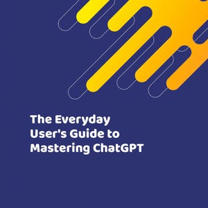 Könnte beinhalten: Ein Buchcover mit dunkelblauem Hintergrund und gelb-orangenen abstrakten Designelementen. Der Titel lautet "The Everyday User's Guide to Mastering ChatGPT" von Marcia Allen.