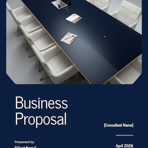 May include: A business proposal layout featuring a dark blue conference table with white chairs. A laptop, notepad, and pen are on the table. The text "Business Proposal" is displayed prominently, along with other details.