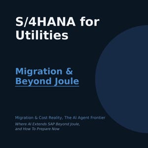 May include: A dark blue book cover titled S/4HANA for Utilities: Migration & Beyond Joule, part of the SAP Utilities Intelligence Series 2026 Edition. The cover includes the subtitle Migration & Cost Reality, The AI Agent Frontier, Where AI Extends SAP Beyond Joule, and How To Prepare Now, authored by Marcia Allen.