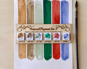Handmade Watercolor Set 5, Honey Based Natural Pigment Paints, Highly Granulated Watercolors, Eco Art Supplies, Travel Kit For Artist