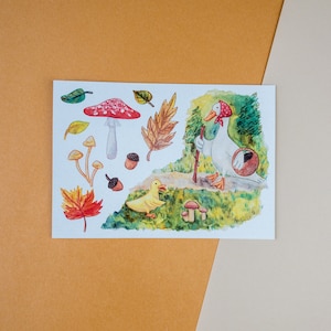 Enten Pilze sammeln - Natur inspirierte Postkarte oder Kunstdruck, Cottagecore Wanddekoration, gedruckte gemütliche Illustration, Herbst Ästhetik