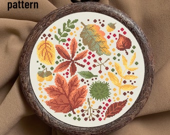 Autumn Leafs Cross Stitch Pattern, Cute Natural Botanical Embroidery, Cottagecore Needlepoint, Digital Pattern Xstitch for Beginner